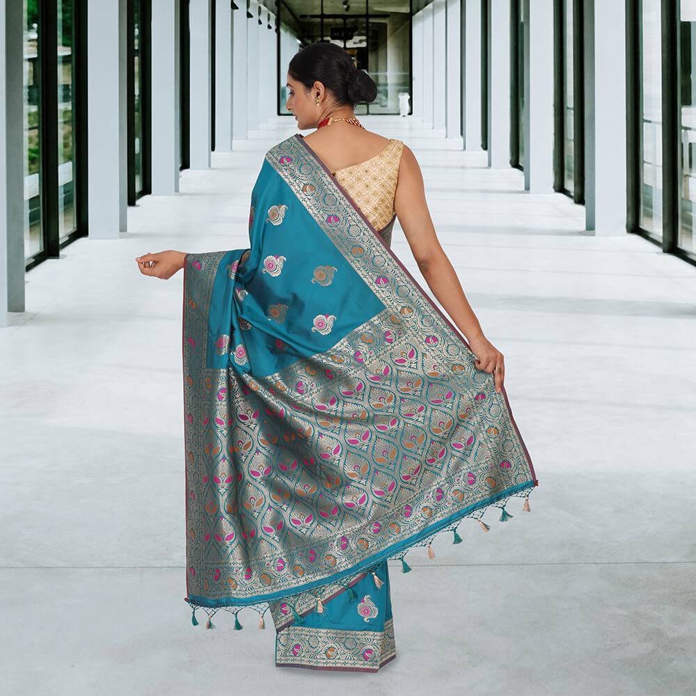 Banarasi  Malai Silk Sari - Teal