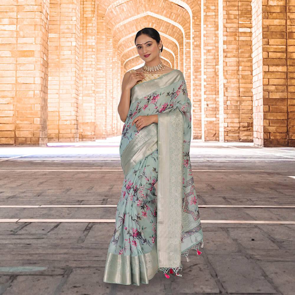 Chanderi Silk Sari with digital print Media 1 of 4