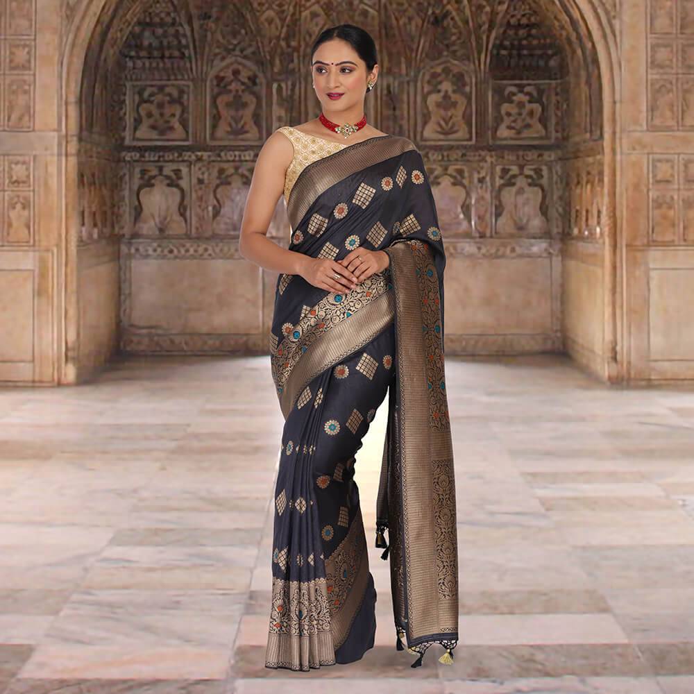 Malai Silk black banarasi saree with Meena booti