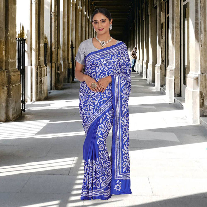 Royal Blue Sari with Kantha work on Banglore silk