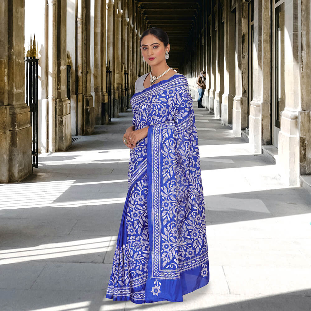 Royal Blue Sari with Kantha work on Banglore silk