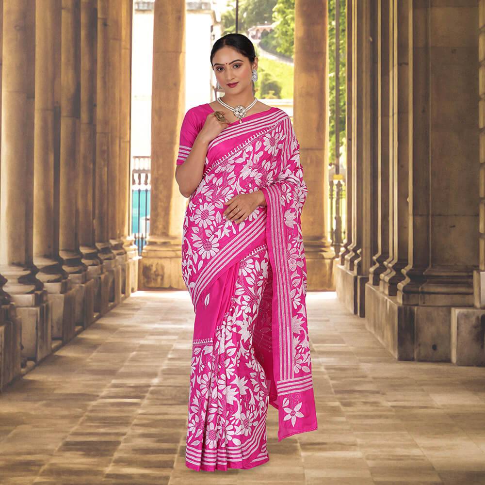 Pink Banglore silk Sari with Kantha hand embroidery