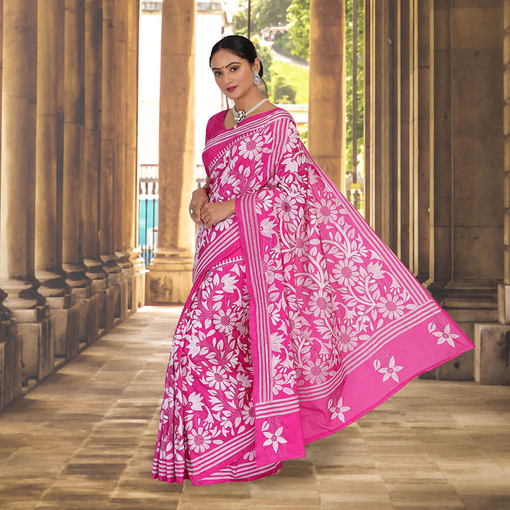 Pink Banglore silk Sari with Kantha hand embroidery
