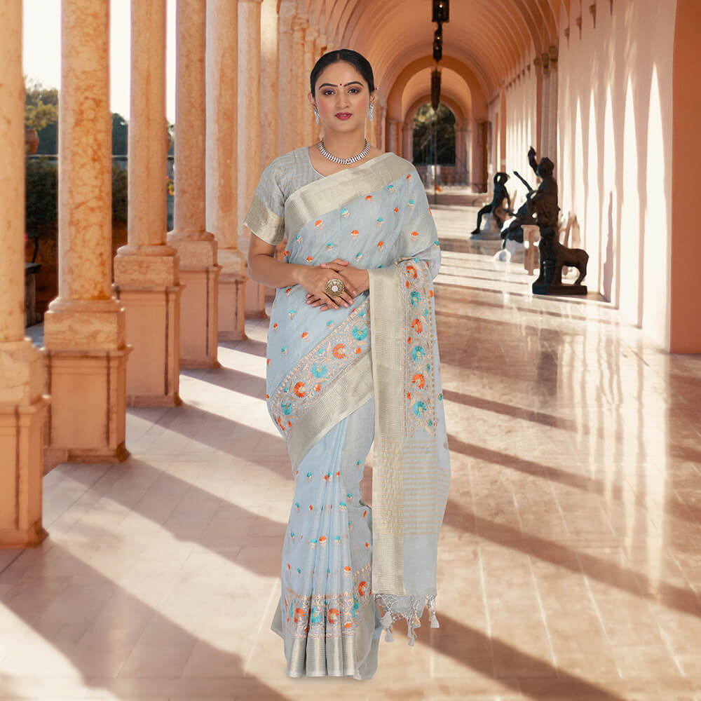 Banarasi cotton silk sari with embroidery - Sky Blue