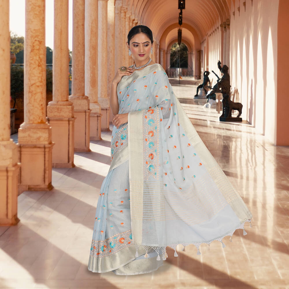 Banarasi cotton silk sari with embroidery - Sky Blue Media  - Pallu