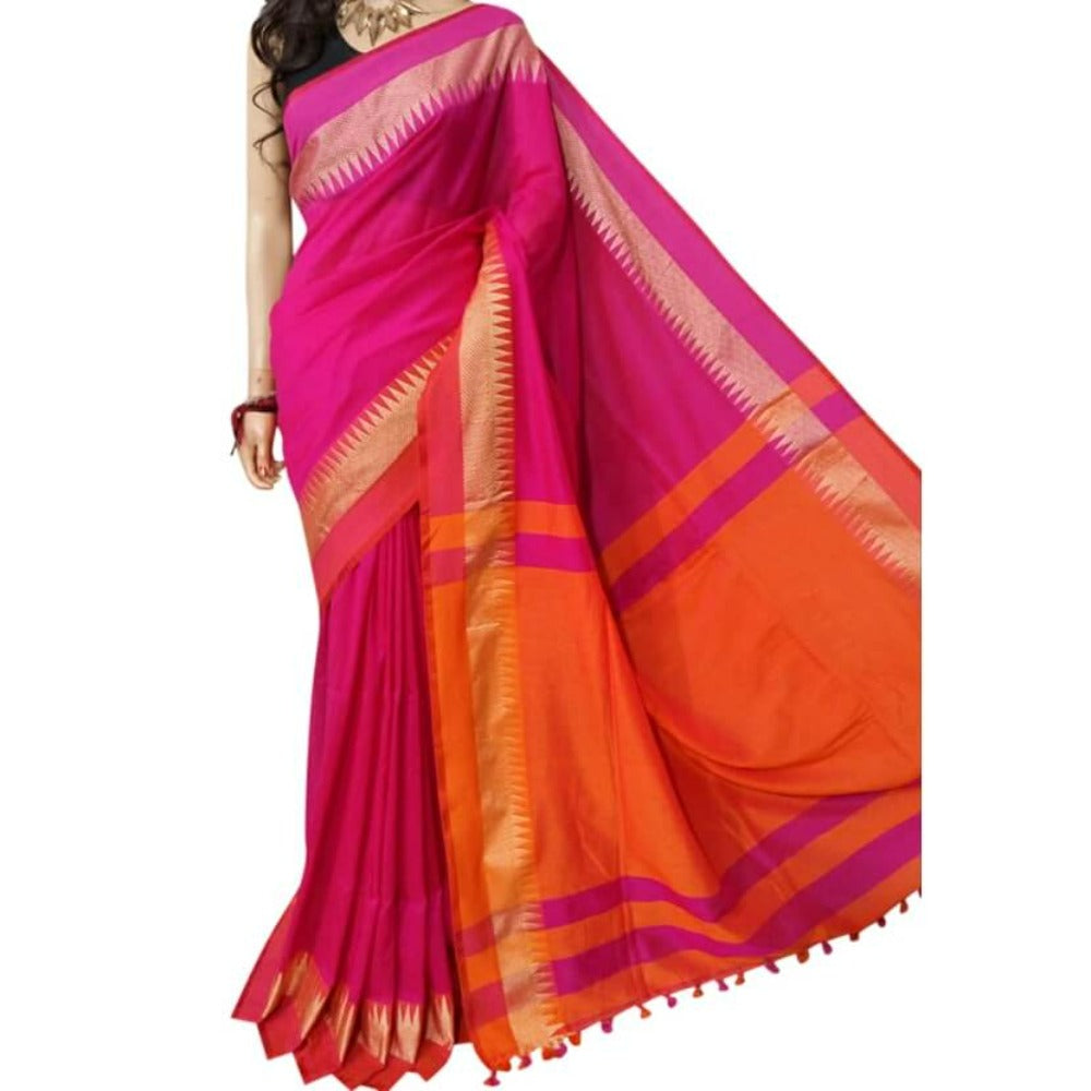Handloom Cotton Saree with Jari border- Pink 