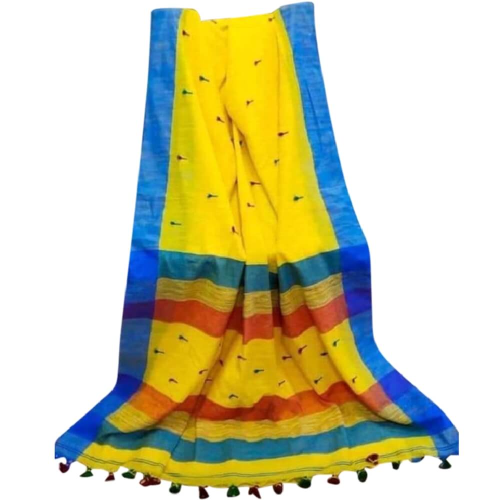 Cotton handloom saree with pompom - Yellow