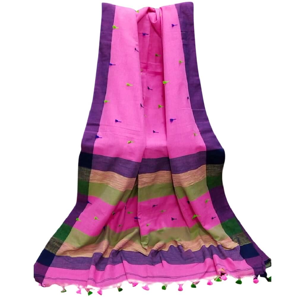 Cotton handloom saree with pompom - Pink