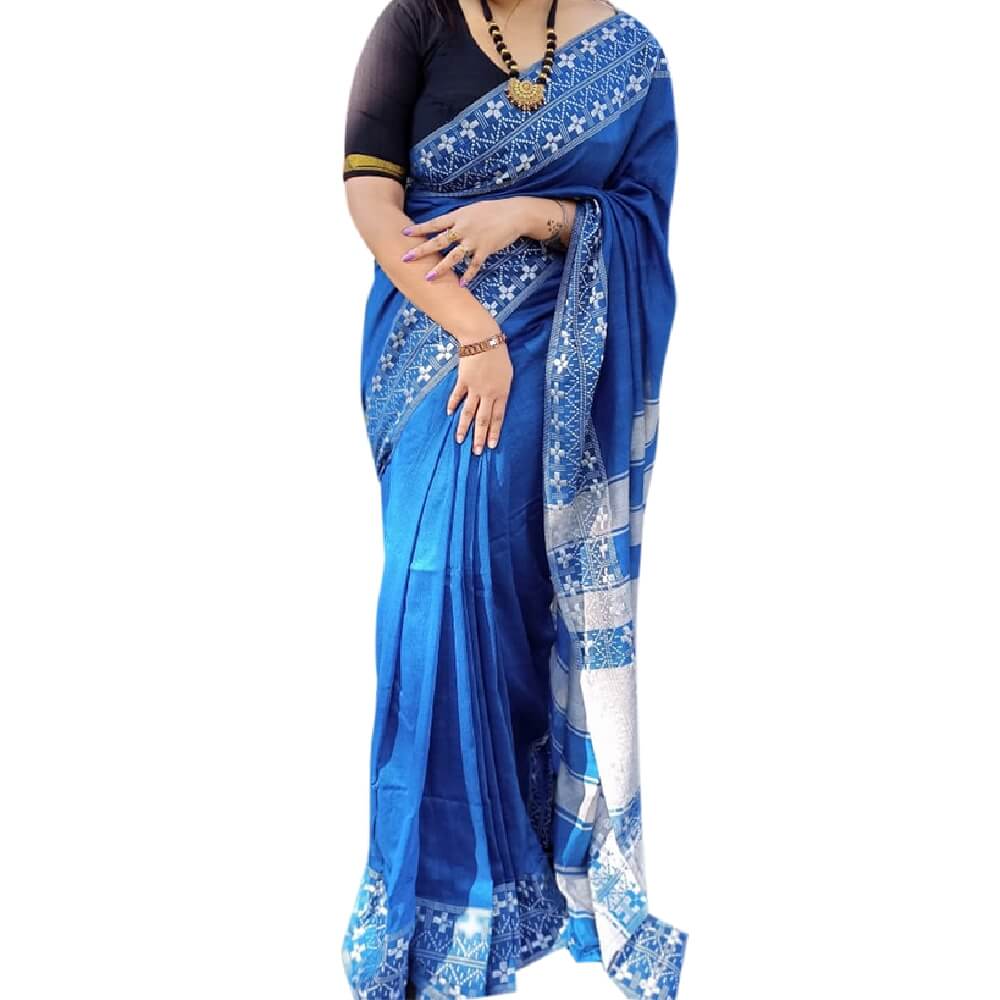 Handloom Cotton Silk Saree with white embroidery - Blue
