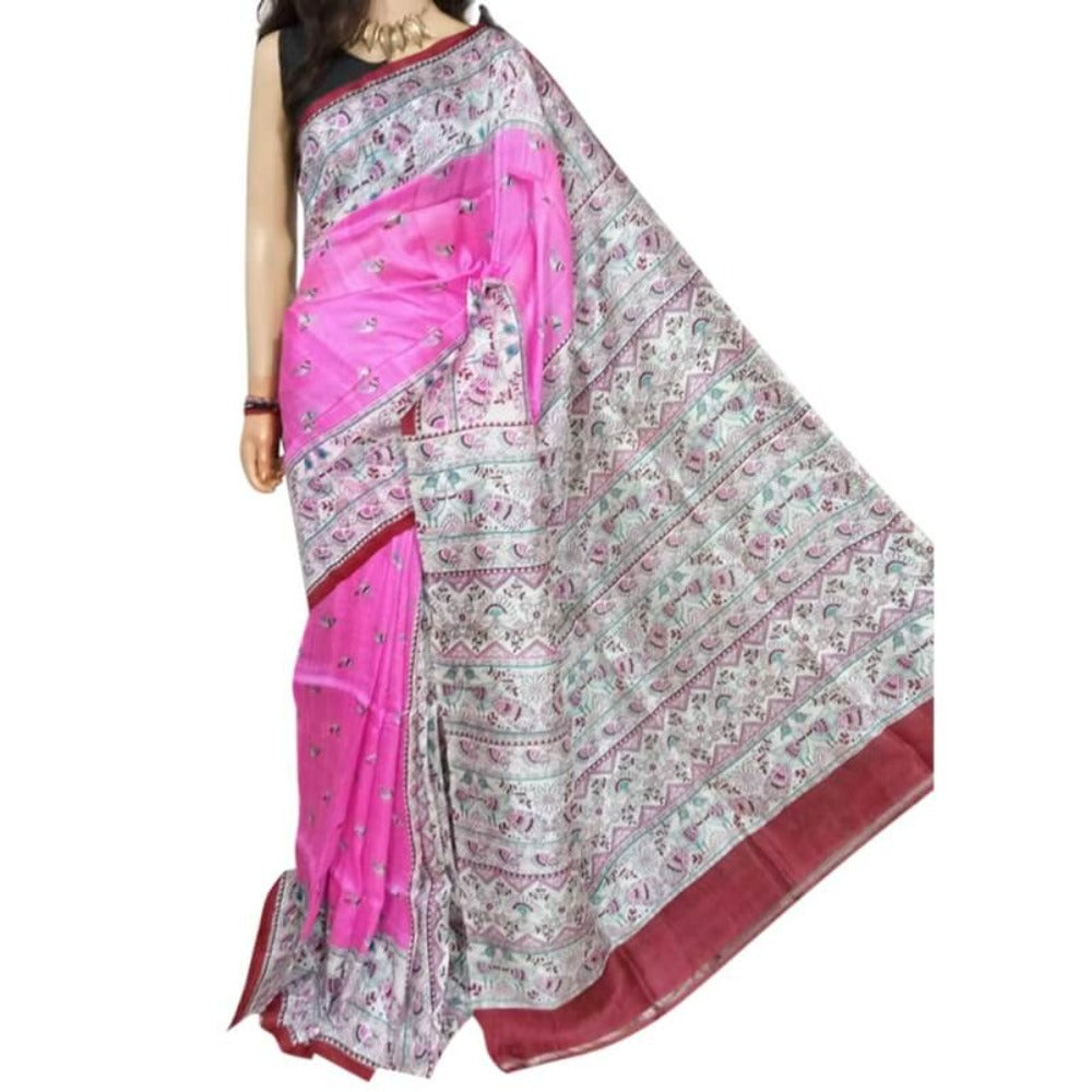 Murshidabad Silk Saree with Fine Block print - Pink 
