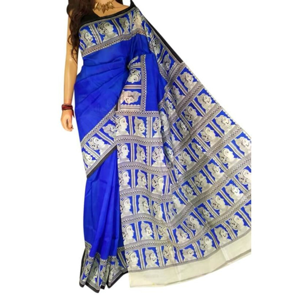 Murshidabad Silk Saree with kalamkari print  - Blue