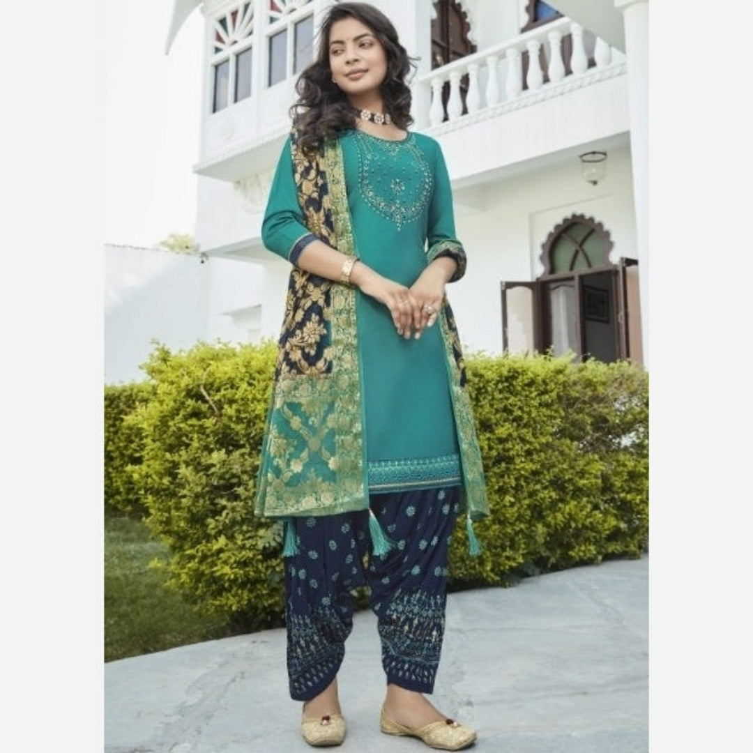 Green and Blue cotton Silk Patiala Suit