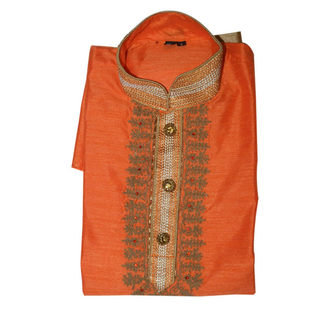 Orange Embroidered Silk  Kurta for Boys