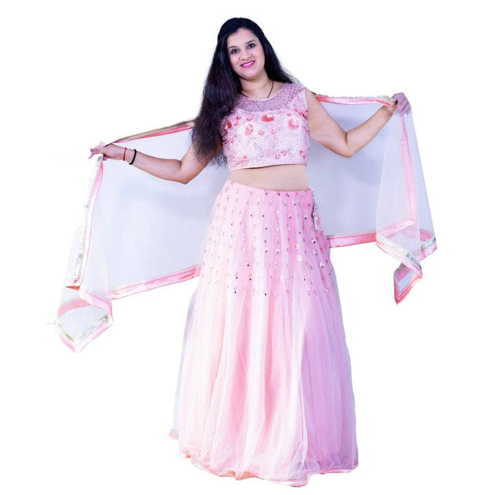 Mirror work embroidered lehenga choli set - Peach