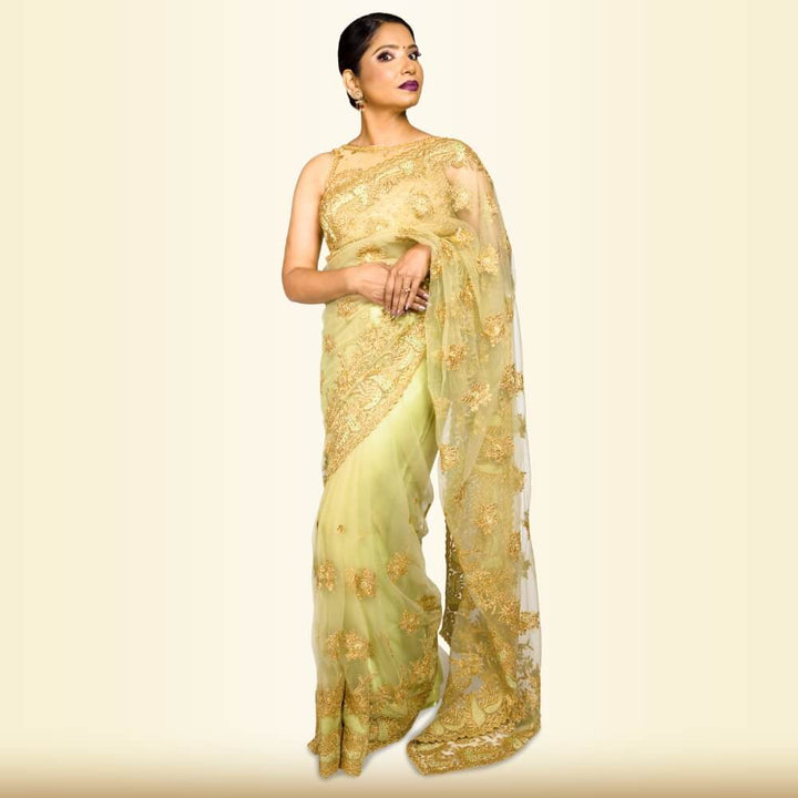 Light weight Pure net embroidered saree - Green