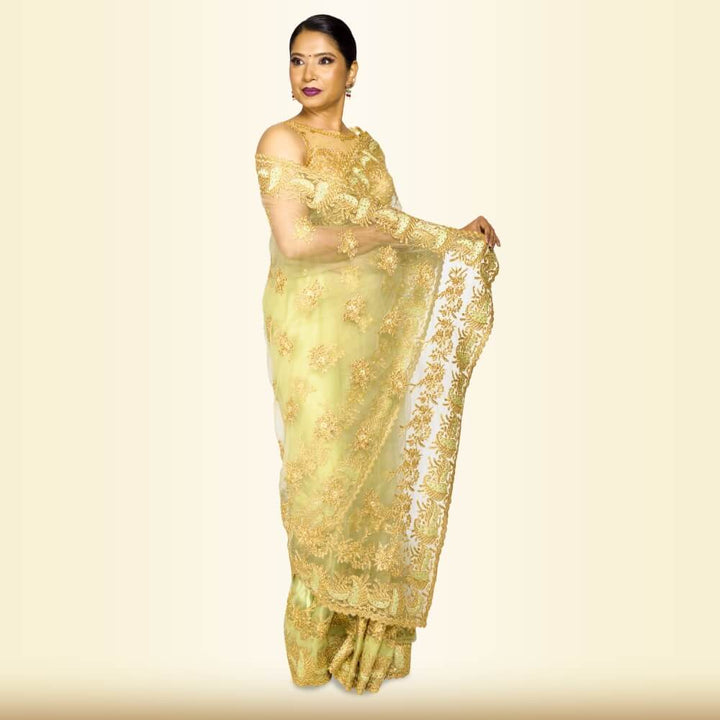 Light weight Pure net embroidered saree - Green