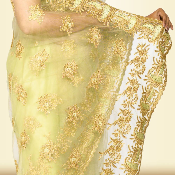 Light weight Pure net embroidered saree - Green