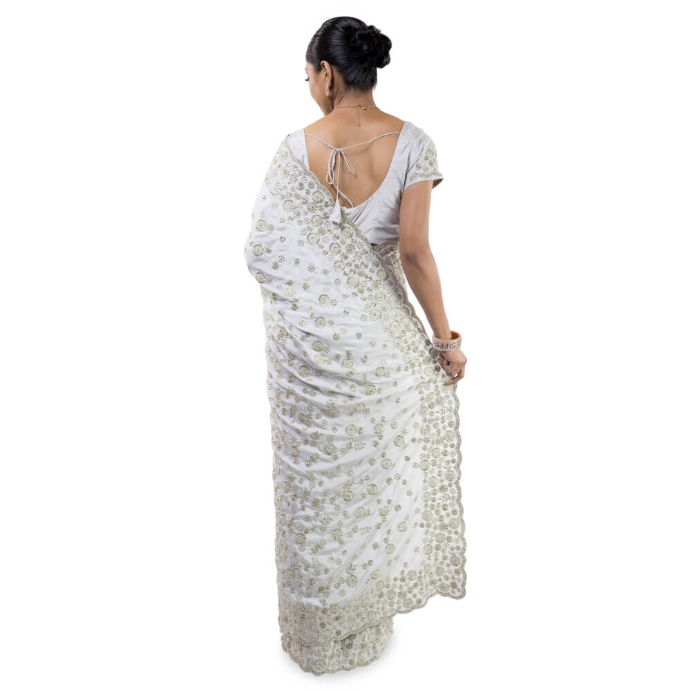 Satin Silk saree with bead work embroidery - Gray
