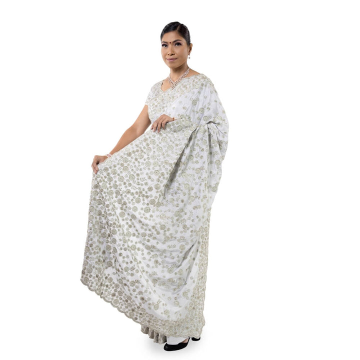 Satin Silk saree with bead work embroidery - Gray