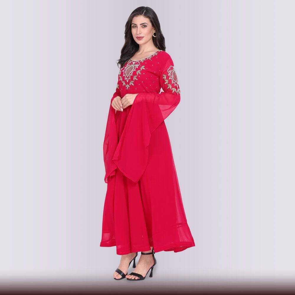 Formal Engagement Dress For Womens White Dress Bell Sleeves Closed Neck Dress Unique Contemporary Gown Dress Pink Chiro's By Jigyasa Formal Engagement Dress For Womens White Dress Bell Sleeves Closed Neck Dress Unique Contemporary Gown Dress Pink Chiro's By Jigyasa