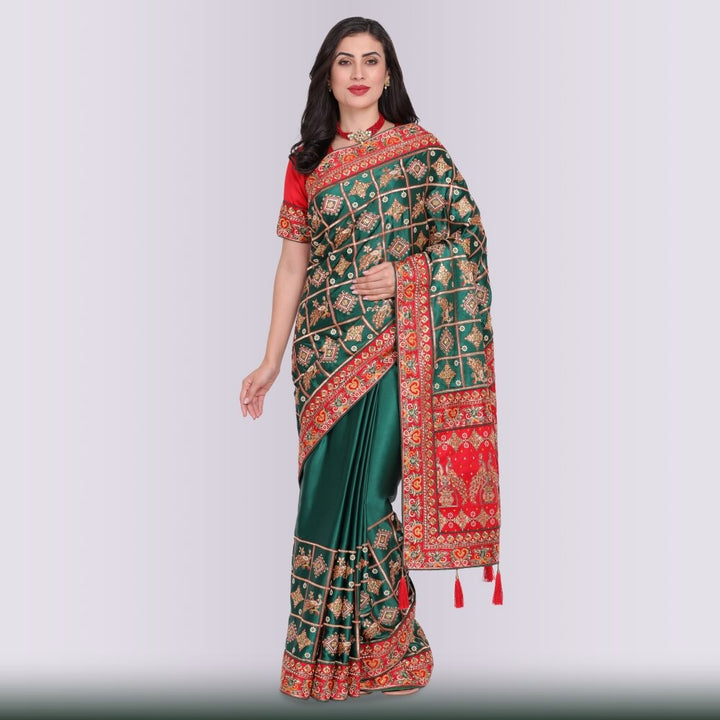 Designer Indian Wedding Sari in Green and Red