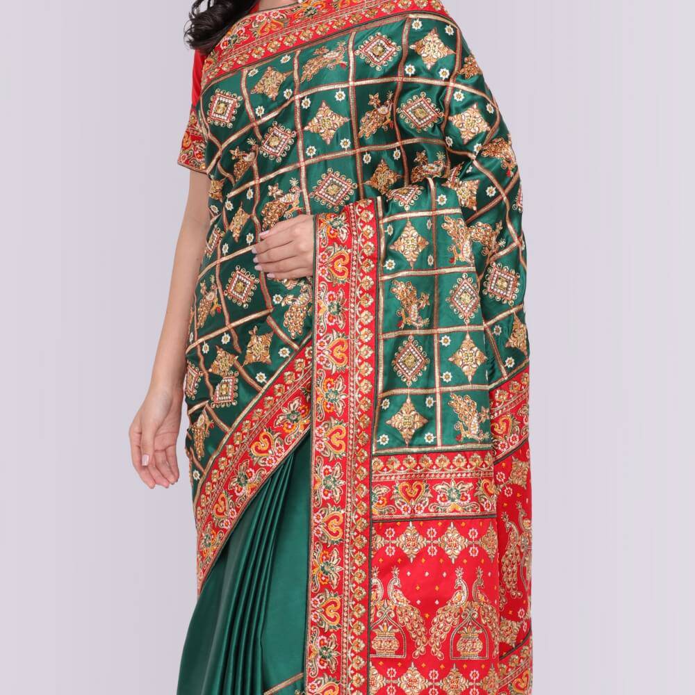 Designer Indian Wedding Sari in Green and Red