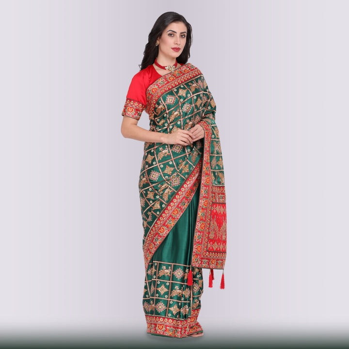 Designer Indian Wedding Sari in Green and Red