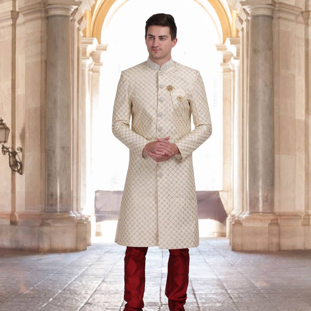 Traditional Sherwani in diamond work on neck and sleeves