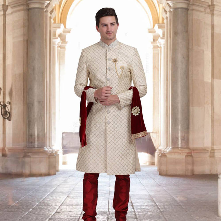 Traditional Sherwani in diamond work on neck and sleeves