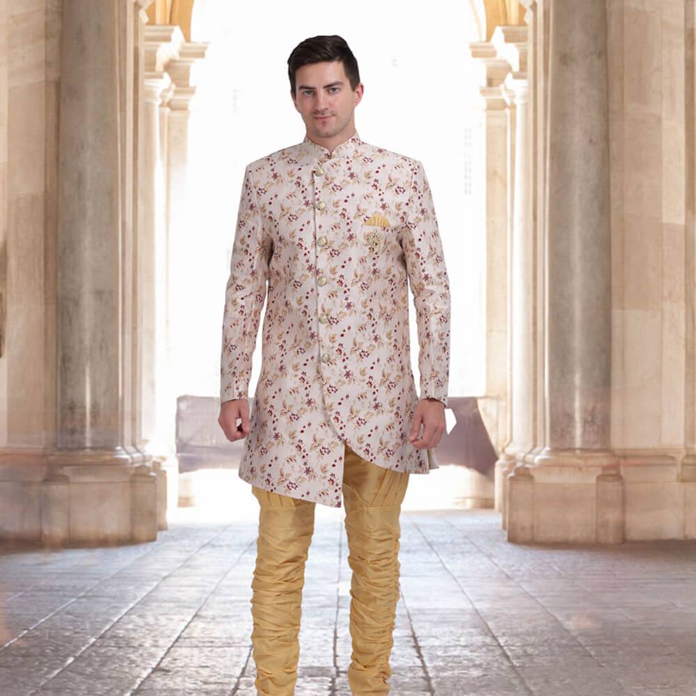 Unique Indo Western Sherwani in printed  Silk