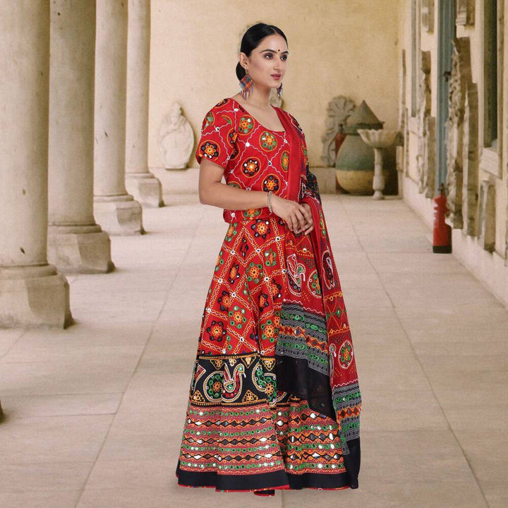 Bandhani Print Chania Choli in Red