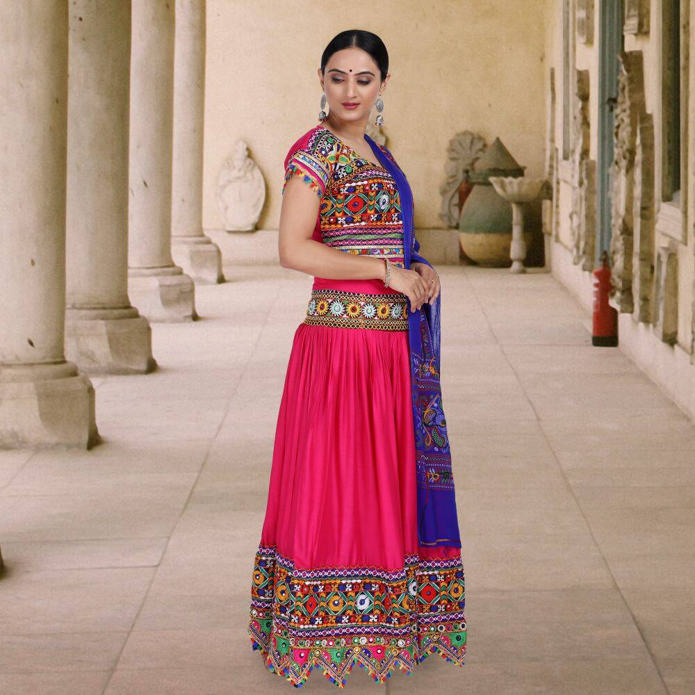 Pink Chania Choli With Blue Odhani