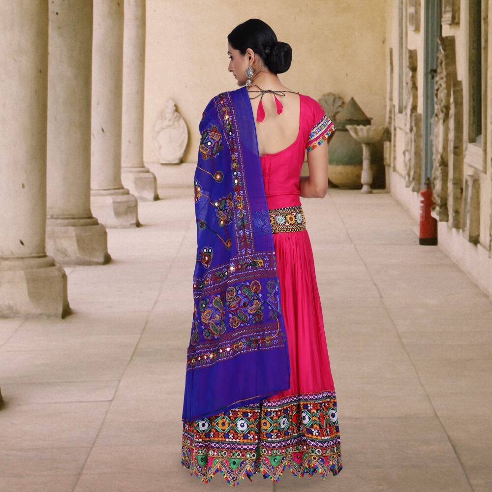 Pink Chania Choli With Blue Odhani