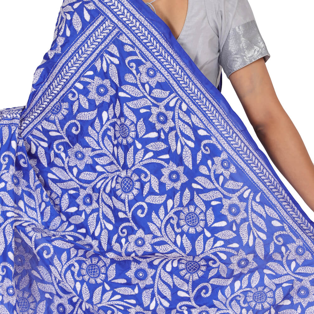 Royal Blue Sari with Kantha work on Banglore silk