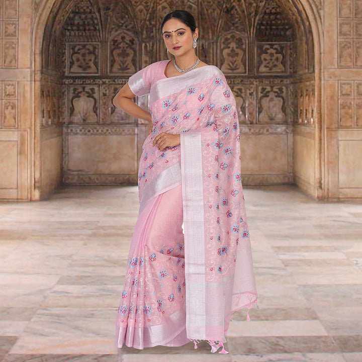 Tissue Banarasi saree with embroidery - Pink