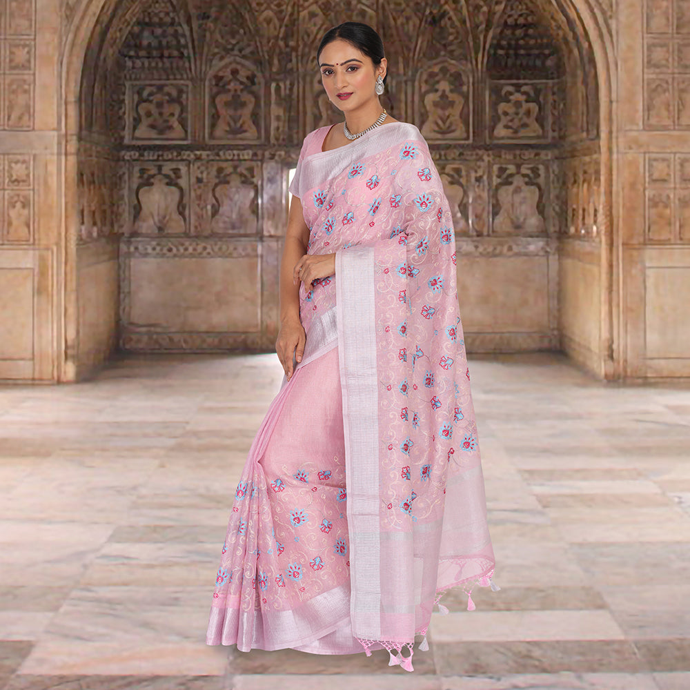Tissue Banarasi saree with embroidery - Pink