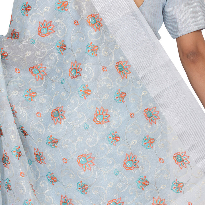 Tissue Banarasi saree with embroidery - Sky Blue - Closeup