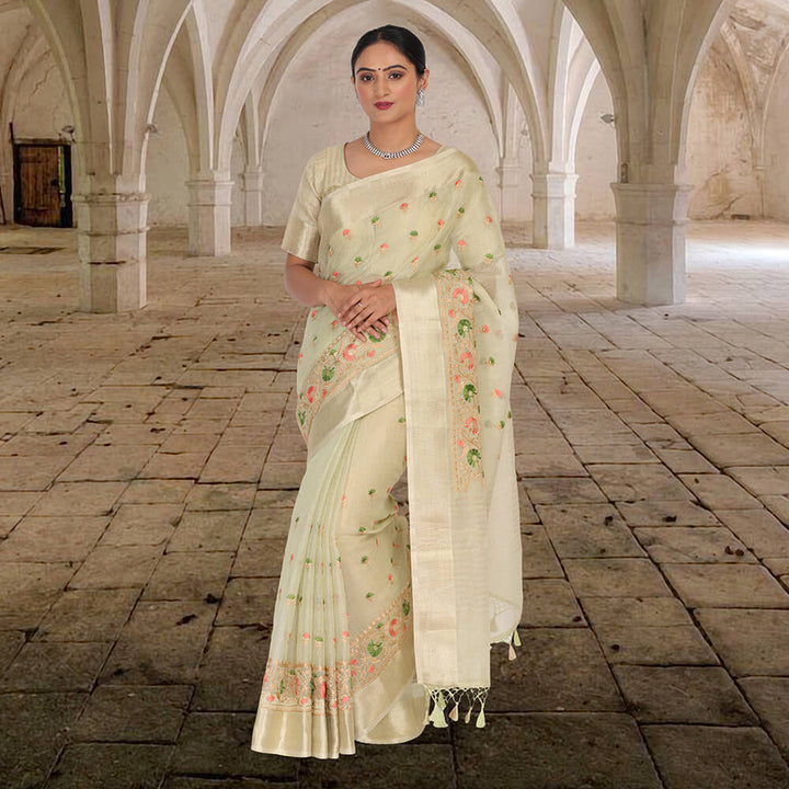 Tissue Banarasi saree with embroidery - Cream