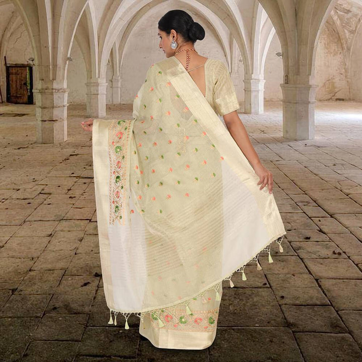 Tissue Banarasi saree with embroidery - Cream