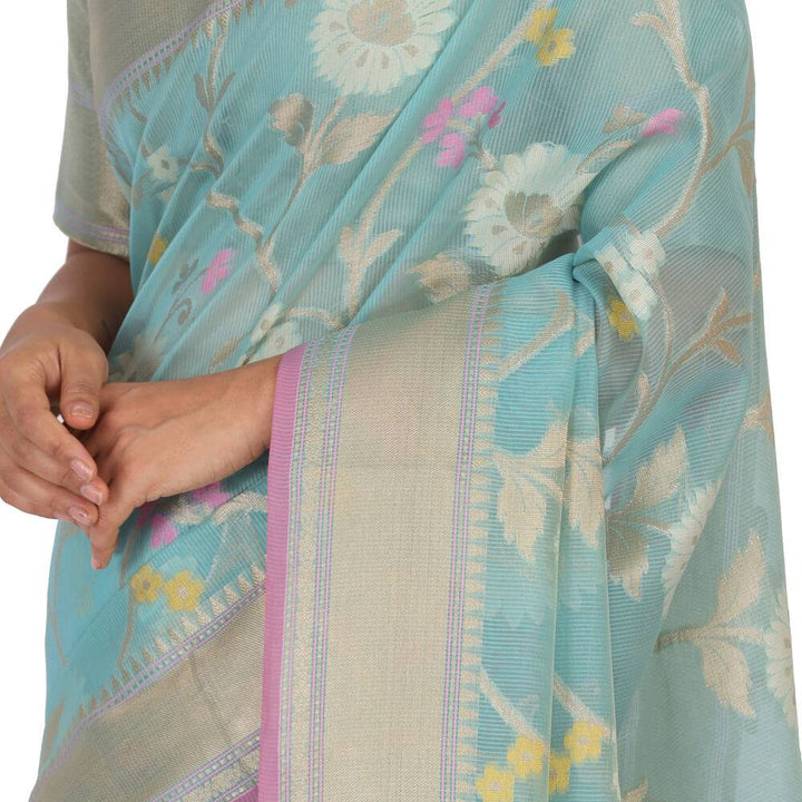 Banaras Kota Tilfi Jaal work Indian sari - Sky Blue