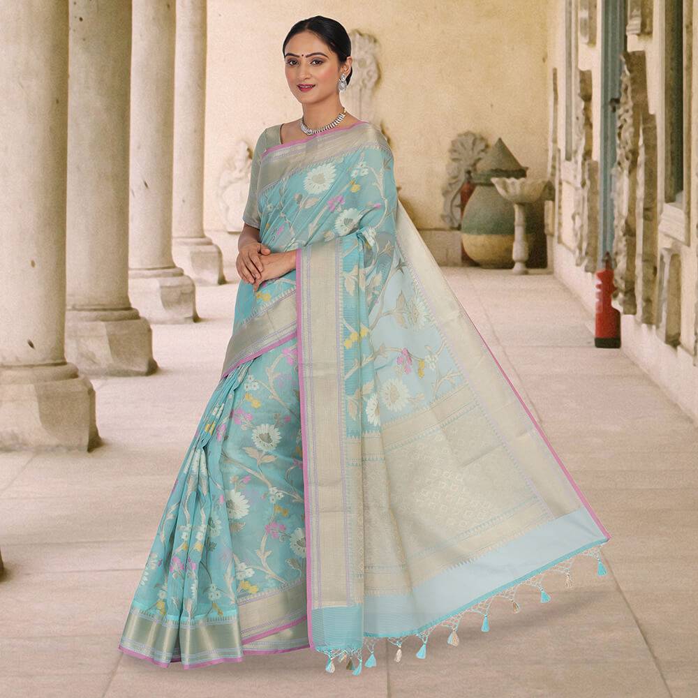 Banaras Kota Tilfi Jaal work Indian sari - Sky Blue