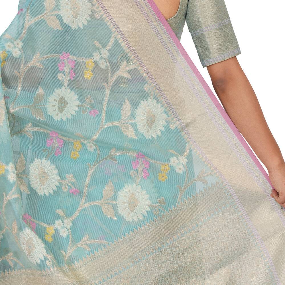 Banaras Kota Tilfi Jaal work Indian sari - Sky Blue