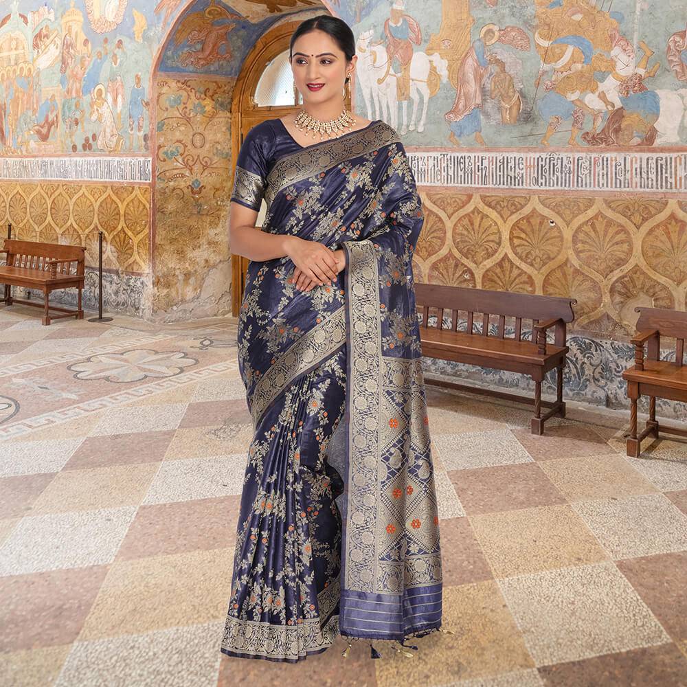 Chinya Silk Jaal work Upada Saree - Navy Blue