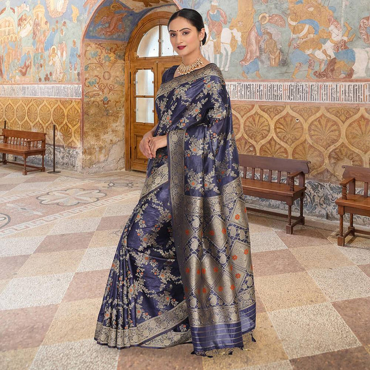 Chinya Silk Jaal work Upada Saree - Navy Blue