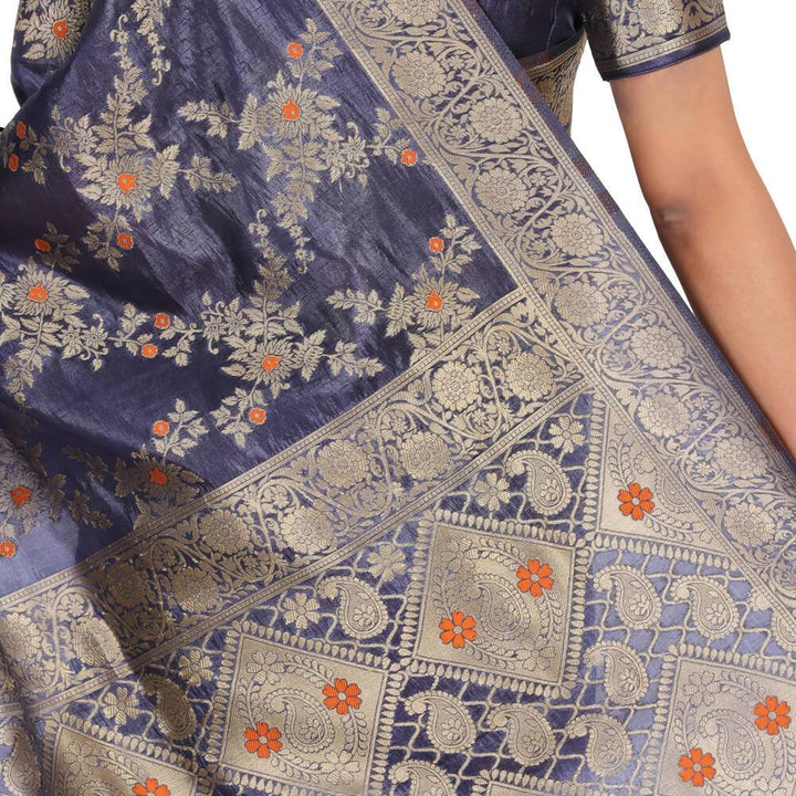 Chinya Silk Jaal work Upada Saree - Navy Blue