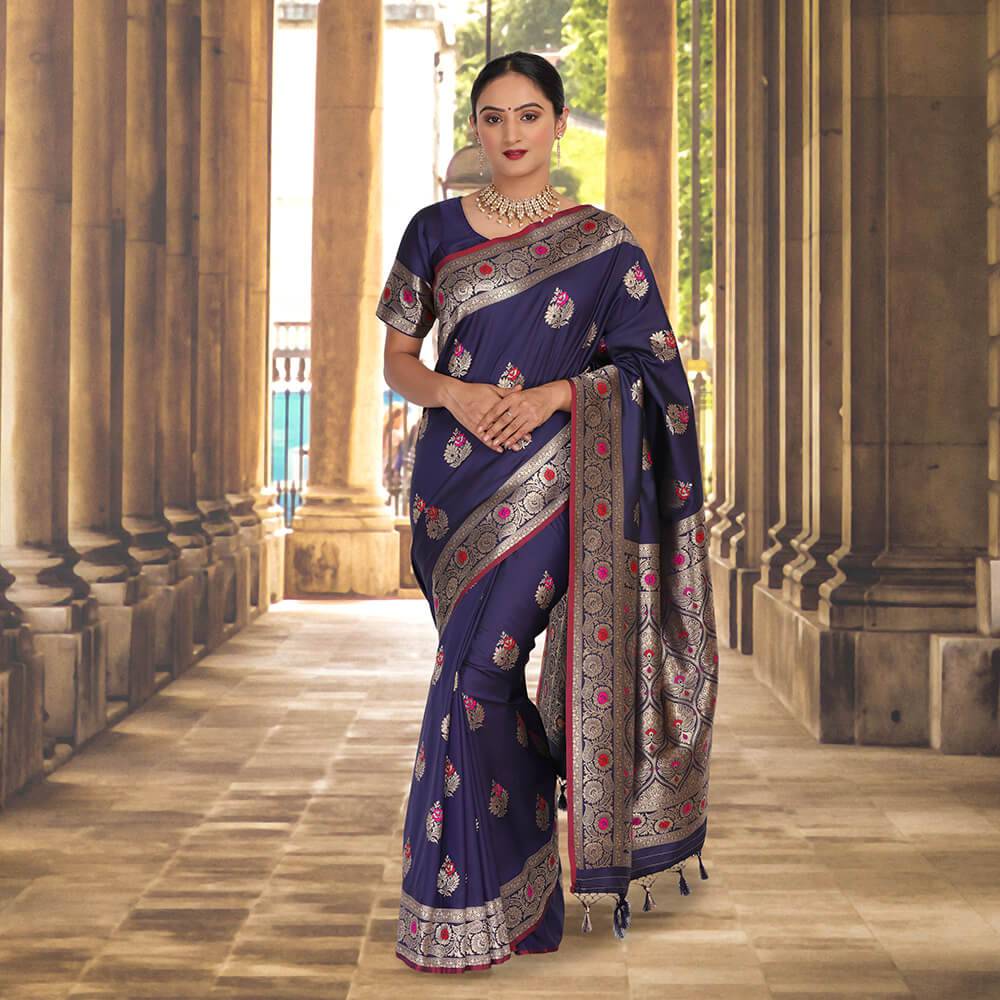 Malai Silk banarasi saree with Meena booti - Navy Blue