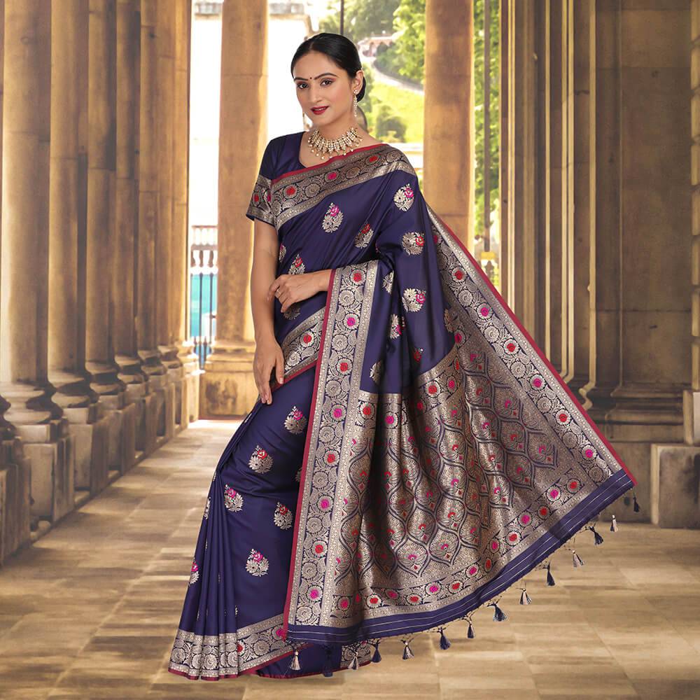 Malai Silk banarasi saree with Meena booti - Navy Blue