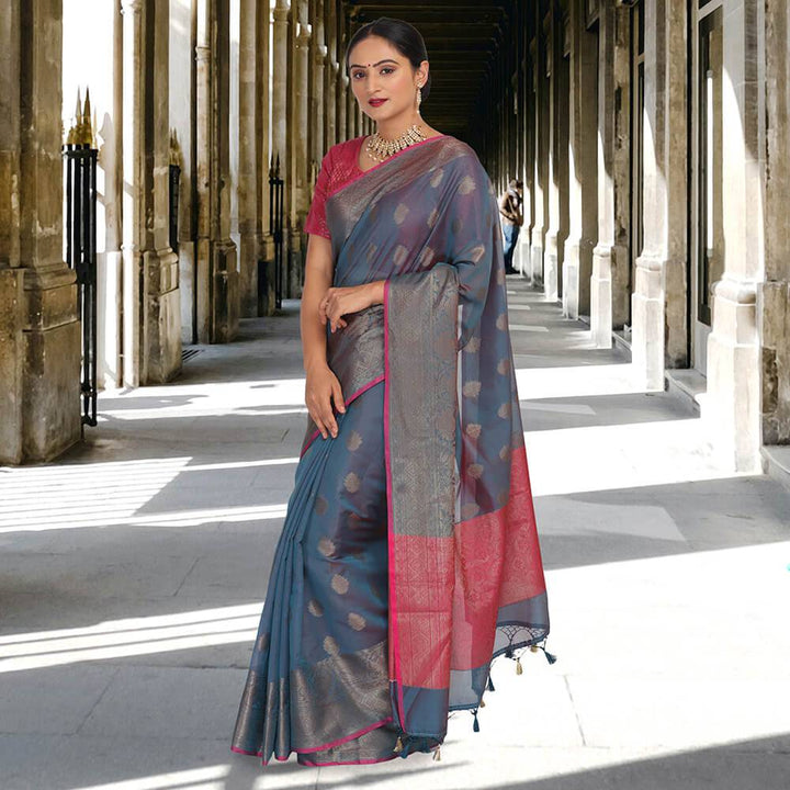 Tanchoi  Banarasi  silk sari  with contrast pallu - Gray