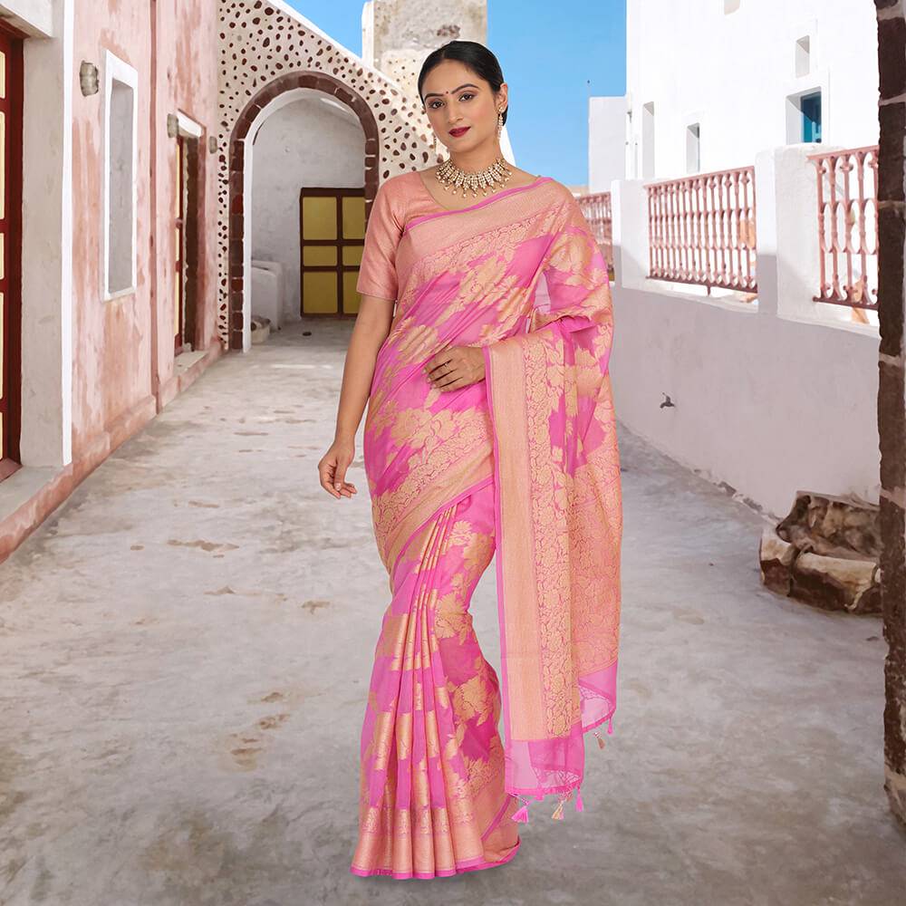 Pink color Khaddi Georgette banarasi sari