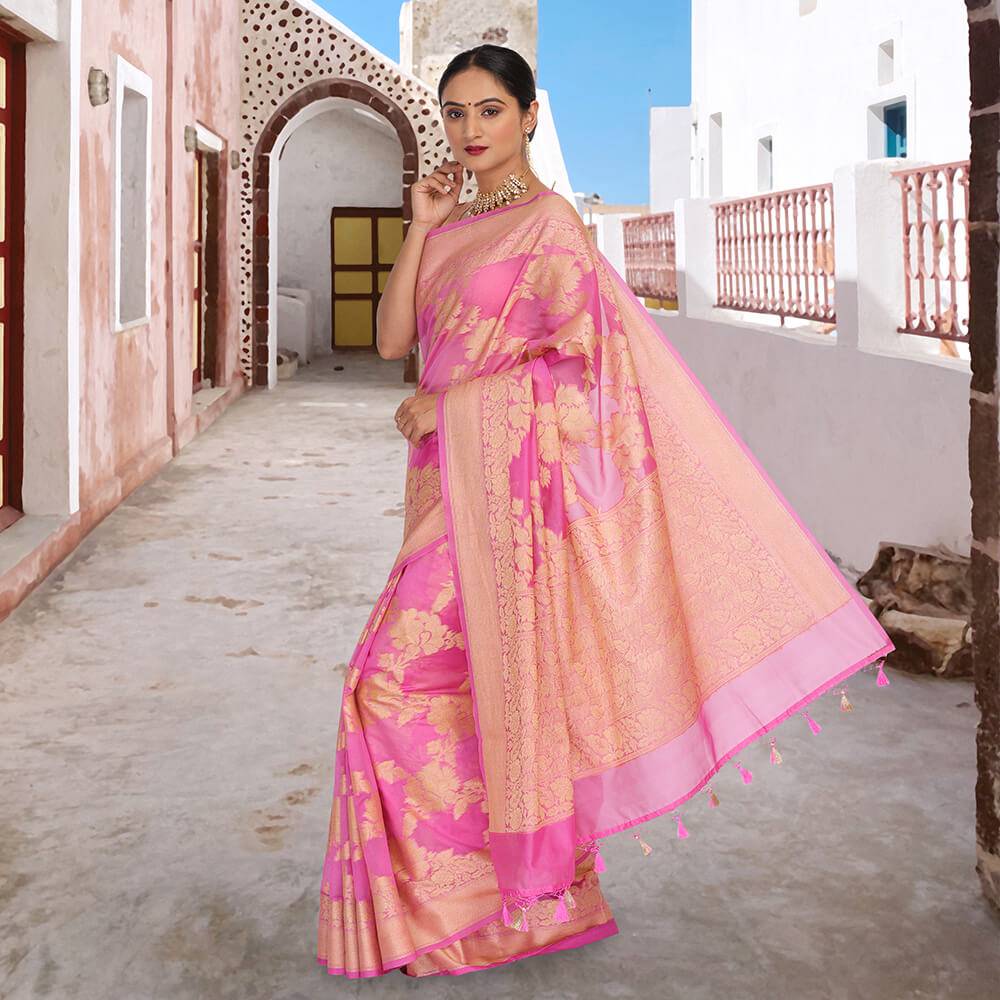 Pink color Khaddi Georgette banarasi sari